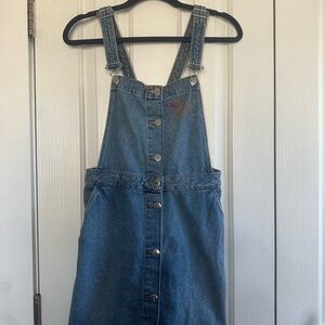 Embroidered Denim Overall Dress with Button Front
